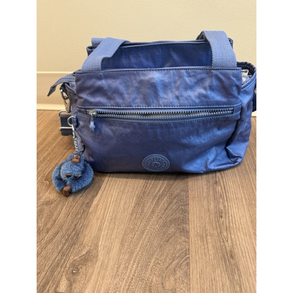 Kipling Elysia Blue Nylon Shoulder Bag Crossbody Multi Pocket Monkey Charm Tote
